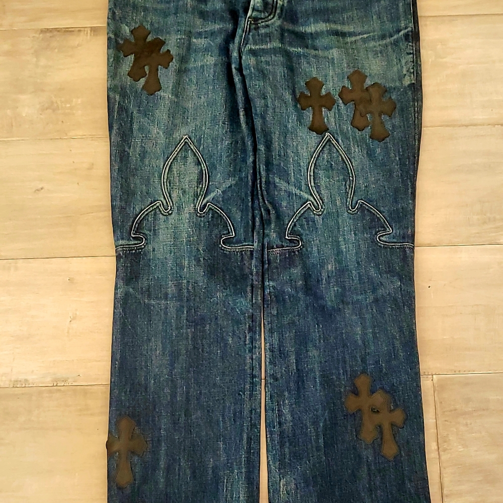 chrome hearts leather cross patch jeans
